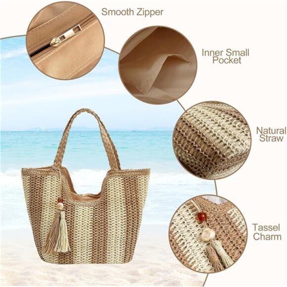 Women Straw Beach Bag Large Beige Khaki - Picture 3 of 7